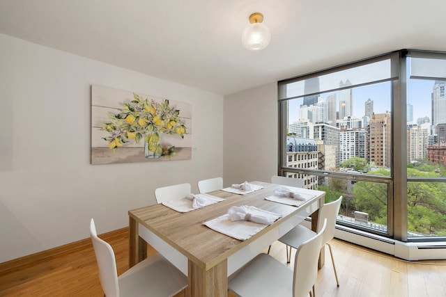 dining space featuring a baseboard heating unit, a city view, and light wood-style floors