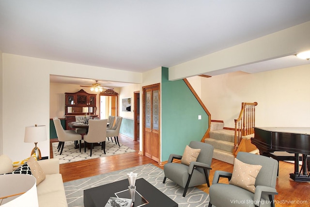 6511 174th St, Tinley Park, IL 60477 - living area with wood finished floors, stairs, and a ceiling fan