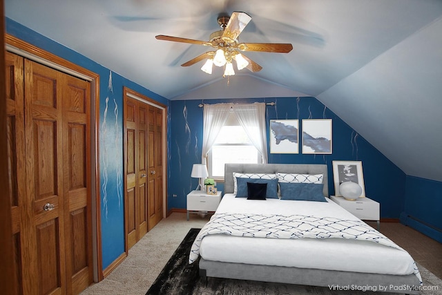6511 174th St, Tinley Park, IL 60477 - bedroom with lofted ceiling, carpet flooring, multiple closets, ceiling fan, and baseboards