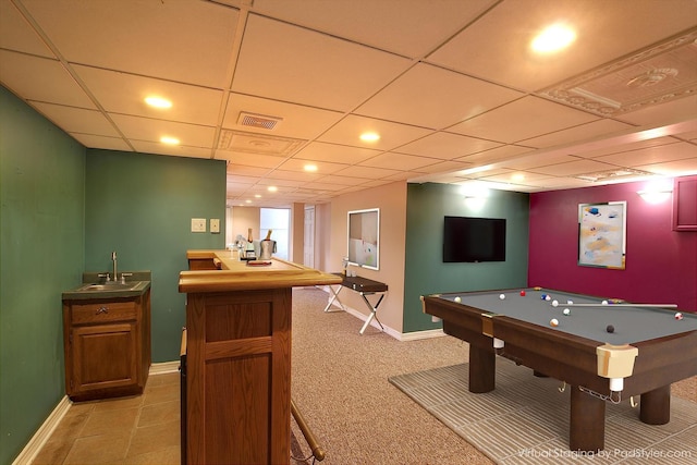 6511 174th St, Tinley Park, IL 60477 - recreation room with baseboards, pool table, bar, and a paneled ceiling