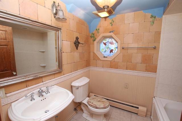 6511 174th St, Tinley Park, IL 60477 - full bathroom featuring a baseboard radiator, a sink, a tub, tile walls, and toilet