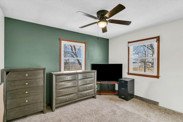 bedroom with light colored carpet, a textured ceiling, and multiple windows