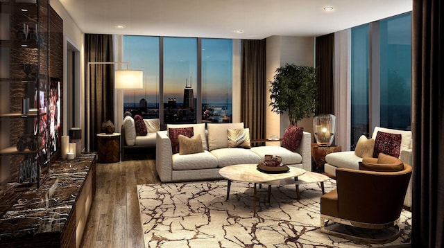 363 E Wacker Dr Unit 5906, Chicago, IL 60601 - living room with a wall of windows, recessed lighting, and wood finished floors