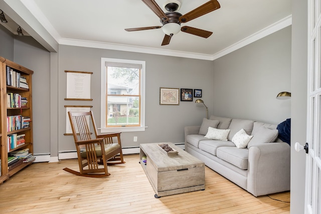 220 N Myrtle Ave, Elmhurst, IL 60126 - living area featuring ornamental molding, light wood-style flooring, a ceiling fan, and a baseboard heating unit