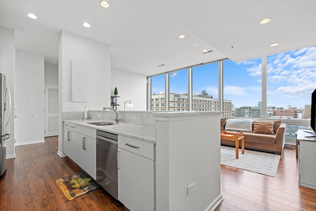 kitchen featuring recessed lighting, appliances with stainless steel finishes, a sink, and dark wood finished floors