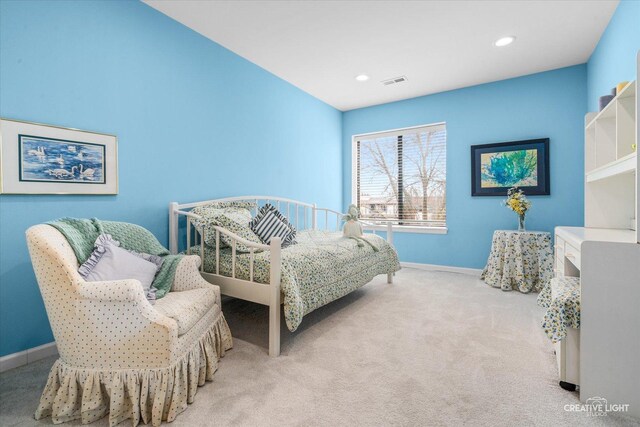 bedroom featuring visible vents, recessed lighting, carpet, and baseboards