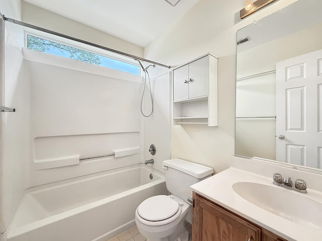 full bathroom with vanity, toilet,  shower combination, and visible vents