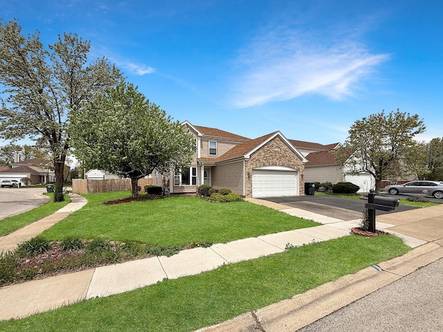 view of front facade featuring fence, stone siding, a garage, aphalt driveway, and a front yard