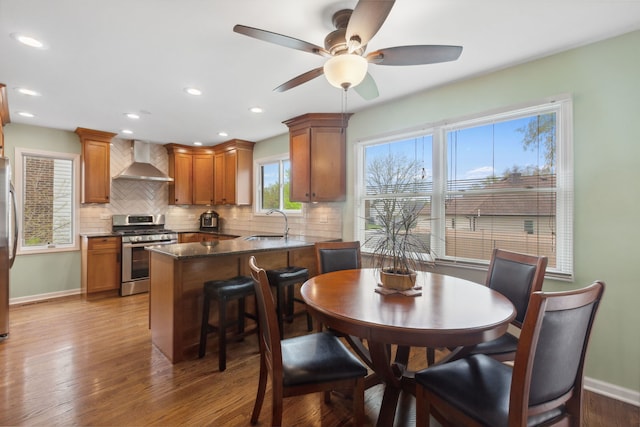 759 Dunmore Ln, Bartlett, IL 60103 - dining area with ceiling fan, baseboards, light wood-type flooring, and recessed lighting