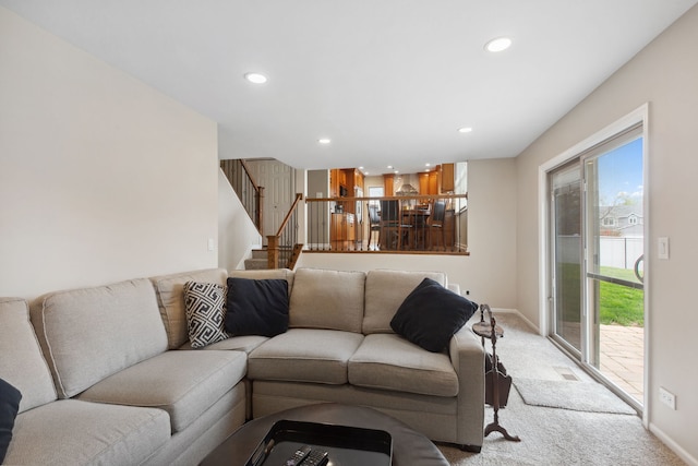 759 Dunmore Ln, Bartlett, IL 60103 - living room featuring carpet, stairs, baseboards, and recessed lighting