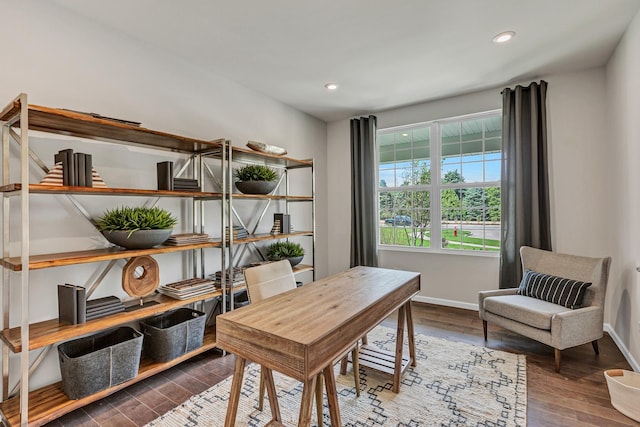 office with recessed lighting, baseboards, and wood finished floors