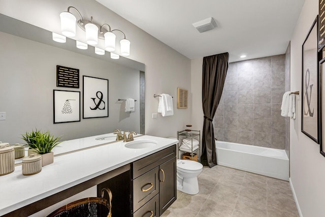 bathroom with visible vents, tile patterned flooring, vanity, toilet, and shower / bathtub combination with curtain