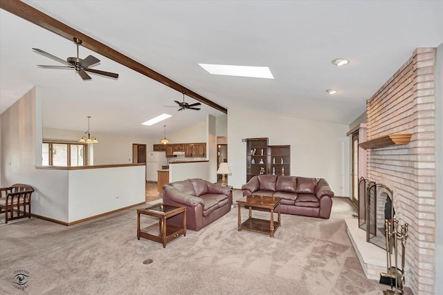 19640 Patricia Ln, Mokena, IL 60448 - living room featuring baseboards, light carpet, ceiling fan, and a skylight