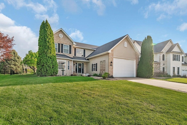 traditional-style home with an attached garage, brick siding, a front yard, and concrete driveway