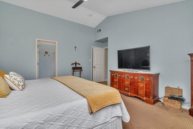 carpeted bedroom featuring a ceiling fan, high vaulted ceiling, visible vents, and baseboards