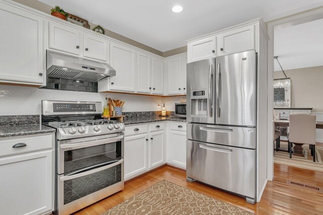kitchen featuring backsplash, light wood-type flooring, under cabinet range hood, stainless steel appliances, and white cabinetry