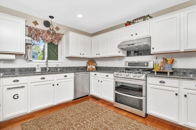 kitchen featuring exhaust hood, appliances with stainless steel finishes, a sink, white cabinetry, and backsplash