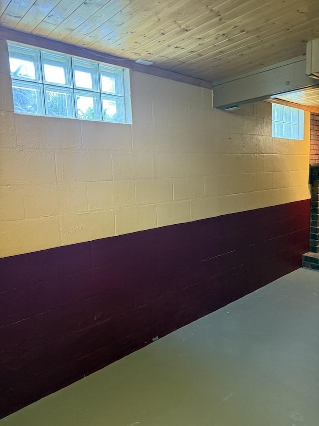 basement with concrete block wall and wooden ceiling