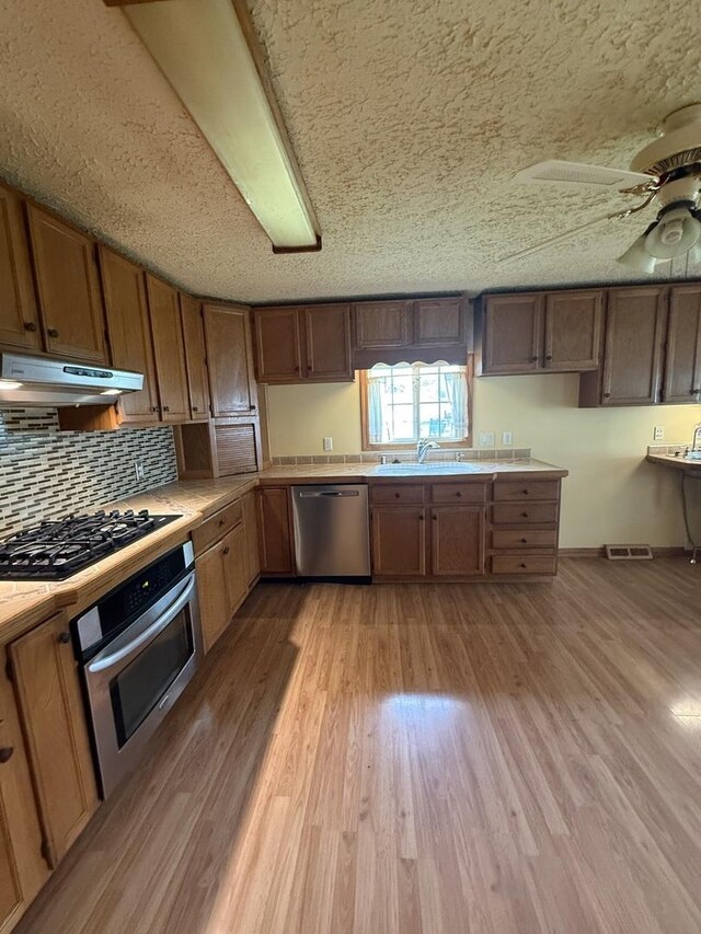 kitchen featuring a sink, stainless steel appliances, light wood-type flooring, tasteful backsplash, and under cabinet range hood