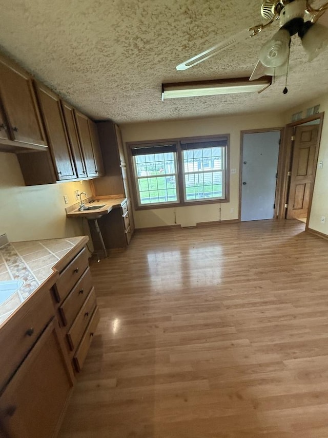 interior space with ceiling fan, a textured ceiling, a sink, baseboards, and light wood finished floors