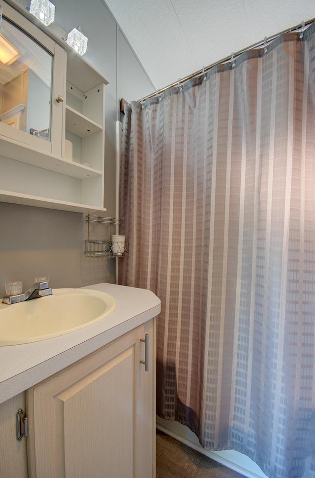 full bathroom with vanity and a shower with curtain