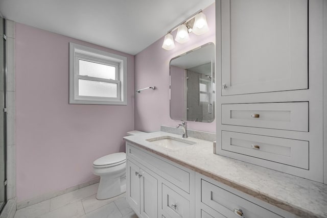 bathroom with baseboards, a shower stall, toilet, and marble finish floor