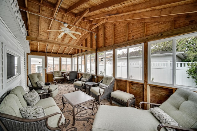 sunroom / solarium featuring a ceiling fan, lofted ceiling, and wooden ceiling