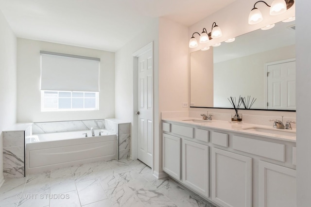 full bathroom featuring marble look tiles, a bath, and double vanity