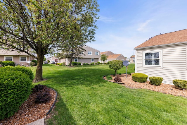 view of green lawn with a residential view