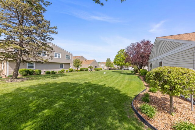view of grassy yard featuring a residential view