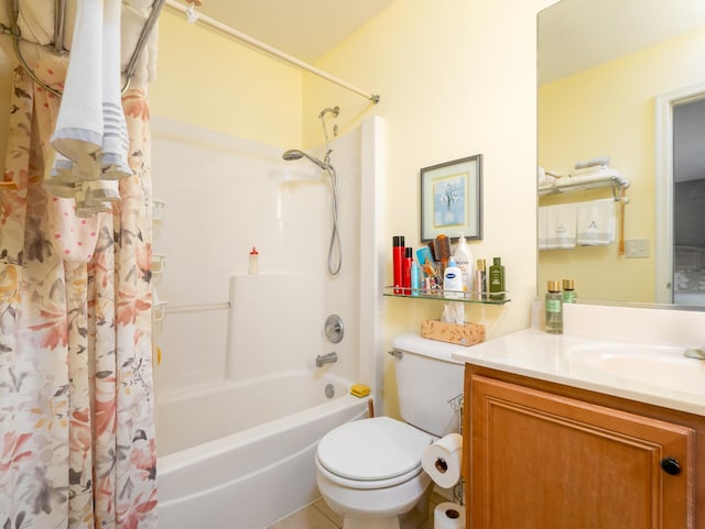 full bathroom with vanity, shower / bathtub combination with curtain, and toilet
