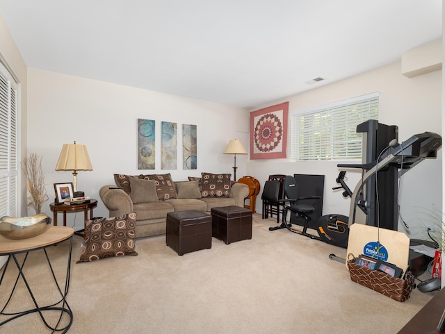 carpeted living area with visible vents