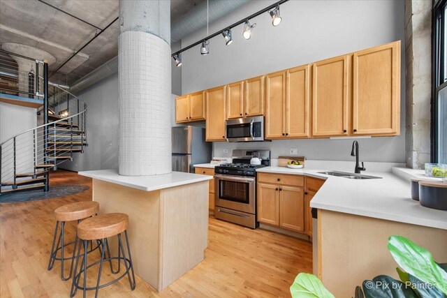 kitchen with decorative columns, light brown cabinets, light wood-style floors, a sink, and appliances with stainless steel finishes