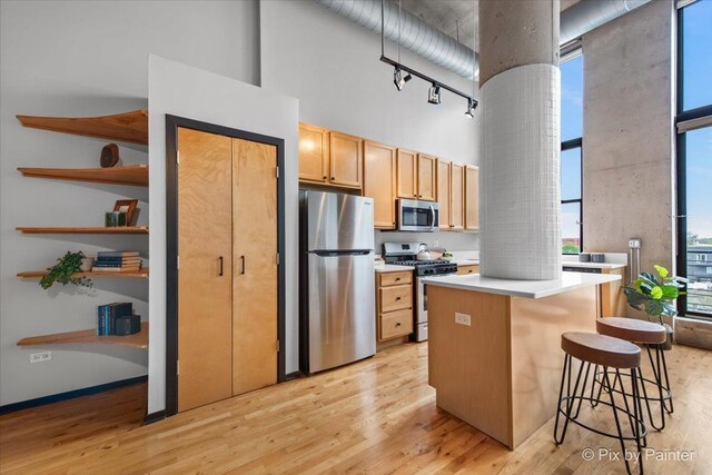 kitchen featuring a kitchen island, a towering ceiling, light wood-type flooring, light countertops, and stainless steel appliances