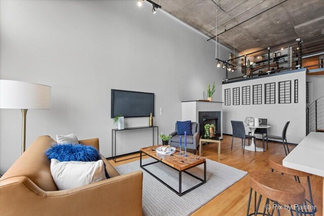 living area with wood finished floors, rail lighting, a fireplace with raised hearth, and a high ceiling