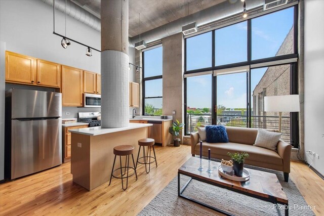 living room featuring a high ceiling, light wood-type flooring, expansive windows, and visible vents