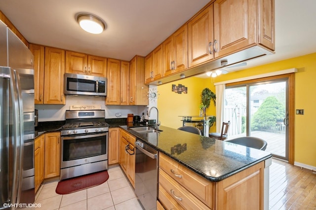 1141 E Randville Dr, Palatine, IL 60074 - kitchen with a peninsula, a ceiling fan, a sink, dark stone counters, and stainless steel appliances