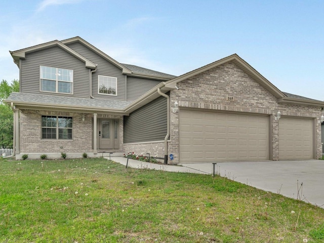 view of front of home featuring concrete driveway, an attached garage, a front lawn, and brick siding