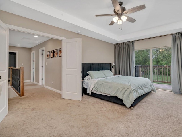 bedroom featuring carpet, baseboards, recessed lighting, a ceiling fan, and access to outside