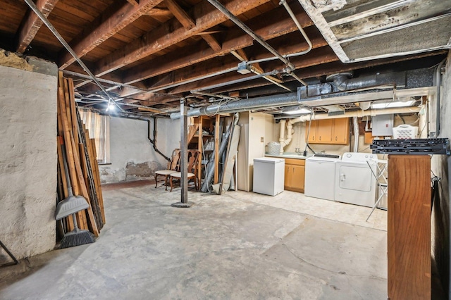 108 N Channing St, Elgin, IL 60120 - unfinished basement with refrigerator, washer and dryer, and electric panel