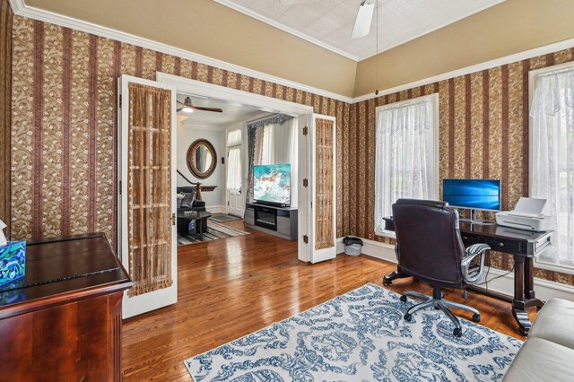 108 N Channing St, Elgin, IL 60120 - office area featuring a ceiling fan, wallpapered walls, wood finished floors, and crown molding