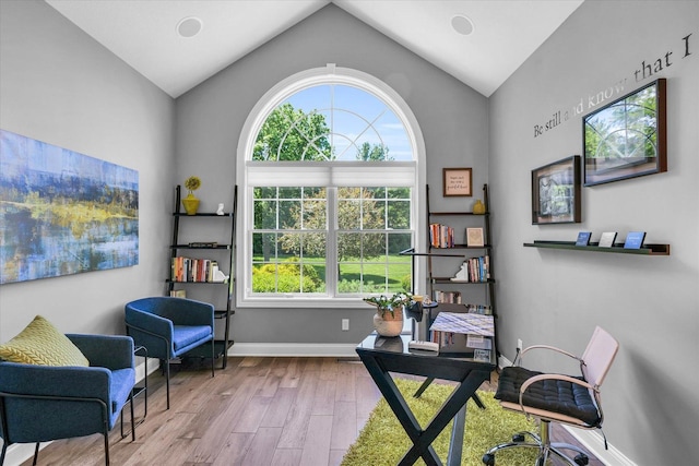office area featuring baseboards, lofted ceiling, wood finished floors, and a wealth of natural light