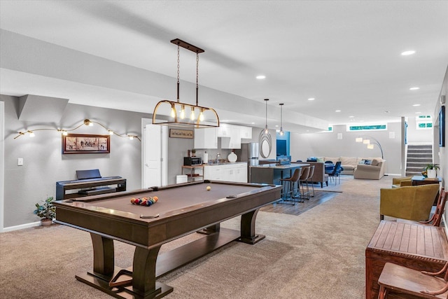 rec room featuring light colored carpet, a sink, recessed lighting, billiards, and bar area