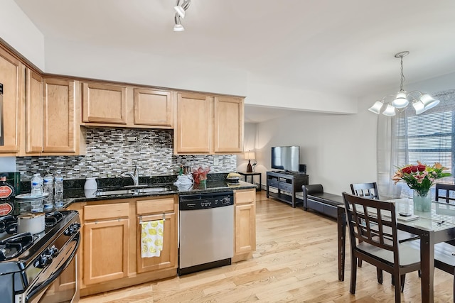6255 S Mason Ave Unit 3D, Chicago, IL 60638 - kitchen with decorative backsplash, stainless steel dishwasher, a sink, light wood finished floors, and a chandelier