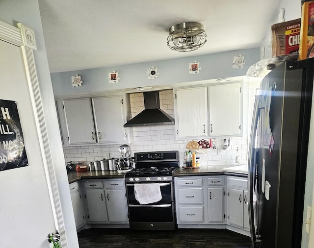 8554 S Daysville Rd, Franklin Grove, IL 61031 - kitchen with stainless steel appliances, wall chimney range hood, dark wood-style floors, and backsplash