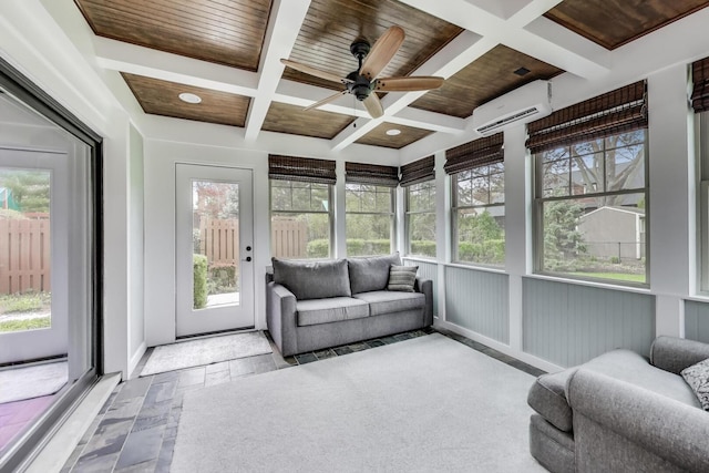 1608 N Douglas Ave, Arlington Heights, IL 60004 - sunroom / solarium with a wall mounted air conditioner, ceiling fan, coffered ceiling, plenty of natural light, and beam ceiling