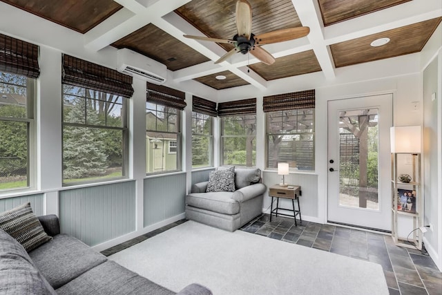 1608 N Douglas Ave, Arlington Heights, IL 60004 - sunroom with a wall mounted air conditioner, coffered ceiling, ceiling fan, plenty of natural light, and beamed ceiling