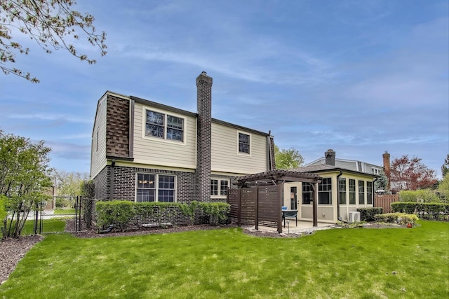 1608 N Douglas Ave, Arlington Heights, IL 60004 - back of house featuring a pergola, a patio area, brick siding, a gate, and a chimney