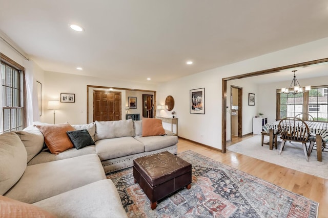 1608 N Douglas Ave, Arlington Heights, IL 60004 - living room featuring a chandelier, light wood finished floors, recessed lighting, and baseboards