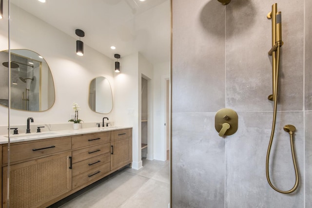 1528 S Ashland Ave, Park Ridge, IL 60068 - full bathroom with a sink, double vanity, lofted ceiling, and a tile shower